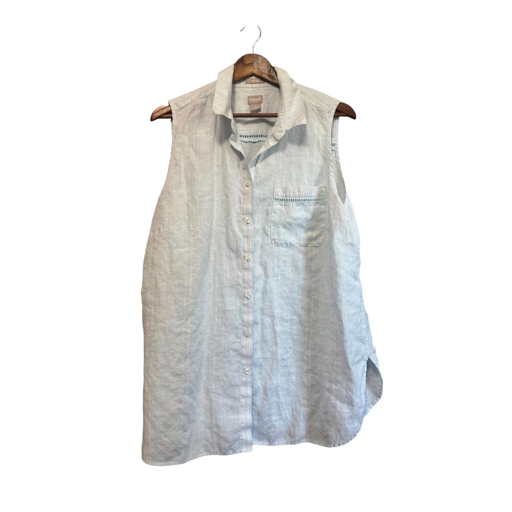 Chico's Sleeveless Button Down Women 3 Blue White Striped Linen Excellent Top